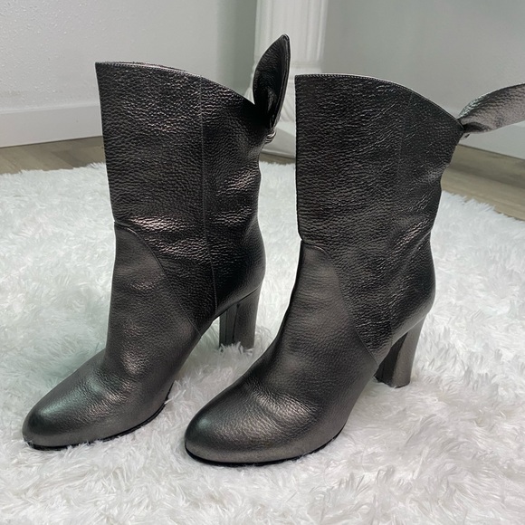 Jimmy Choo Malene 85 Anthracite Metallic Grainy Leather Bow Wrap Boots Grey 39.5 - Picture 4 of 14